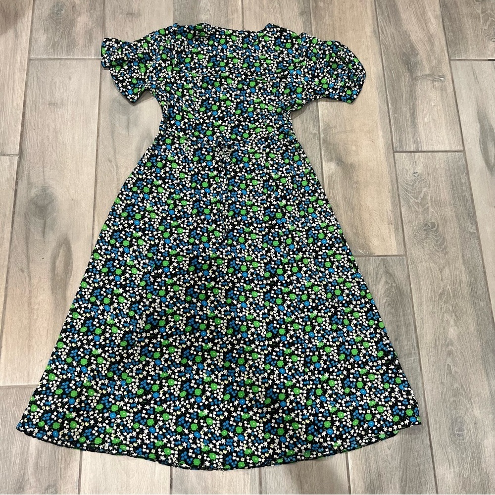 NWT ASOS Black Blue Green Floral Flutter Sleeve Midi Belted Dress Women’s US 8 - Picture 11 of 13